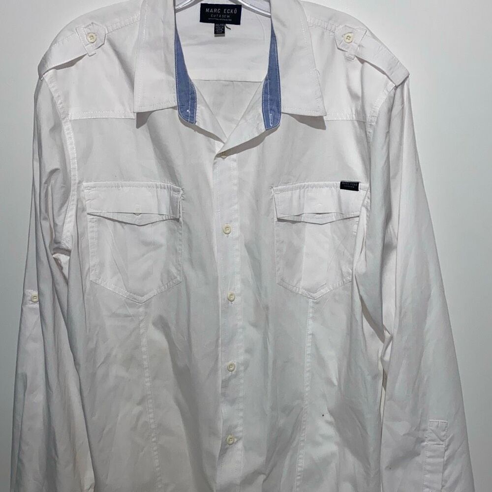 Marc Ecko Cut‎ & Sew Mens XXL White Military Button Down Shirt Epaulettes